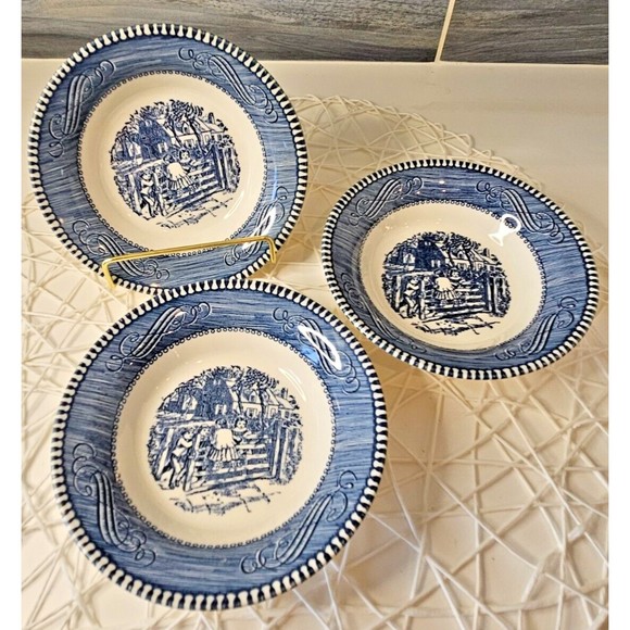 Set of 3 Vintage Currier & Ives Children on the Fence Dessert Bowl Blue White - Picture 1 of 9